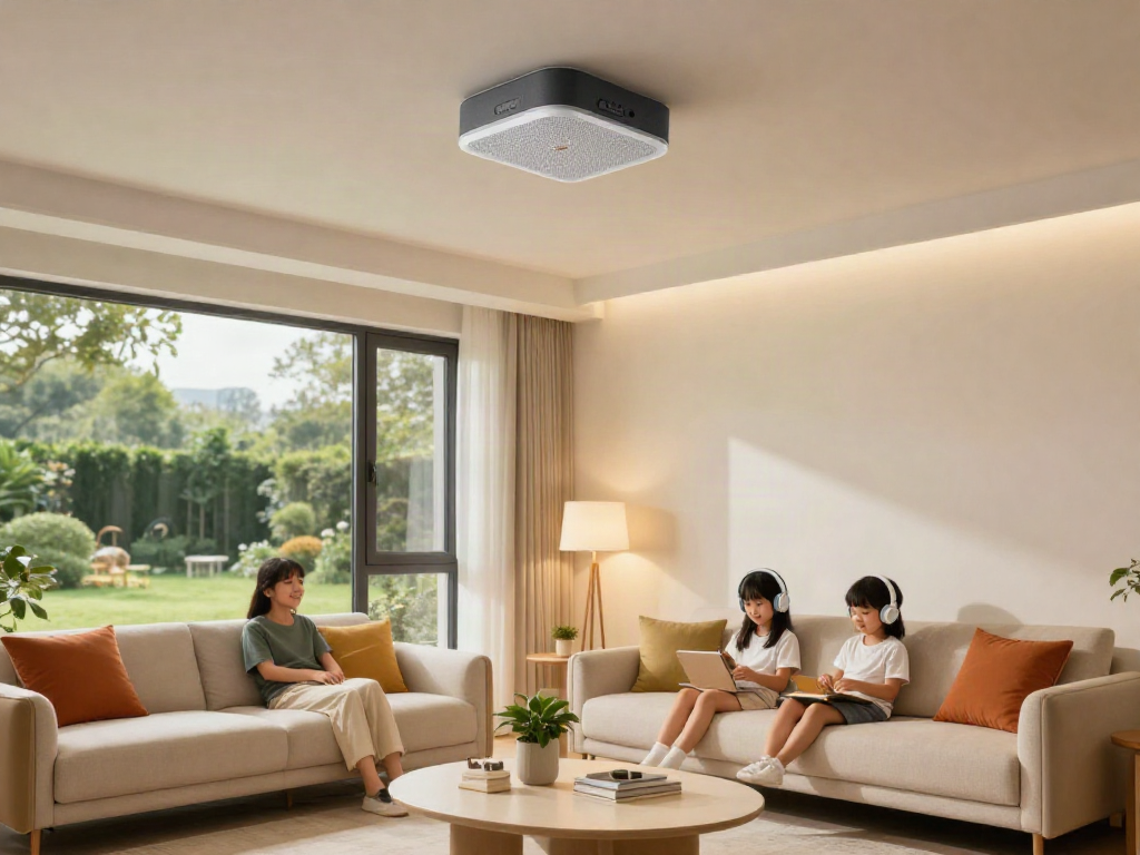 خرید اسپیکر سقفی integrated in a modern living room with family enjoying music.