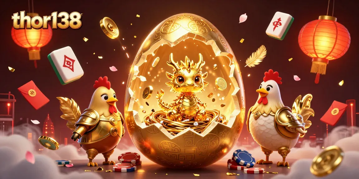 Thor138 menampilkan telur emas raksasa yang membuka diri dan mengungkap naga kecil dari kristal emas, dikelilingi oleh simbol permainan.