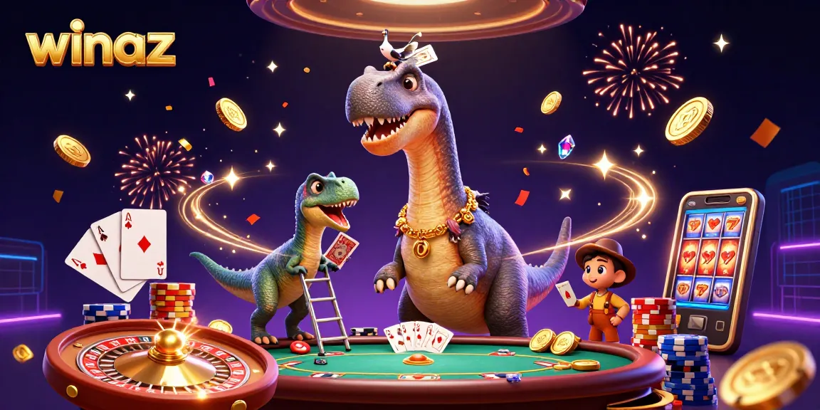 Join the excitement at winaz with a towering brontosaurus and clever raptor in a vibrant casino setting.