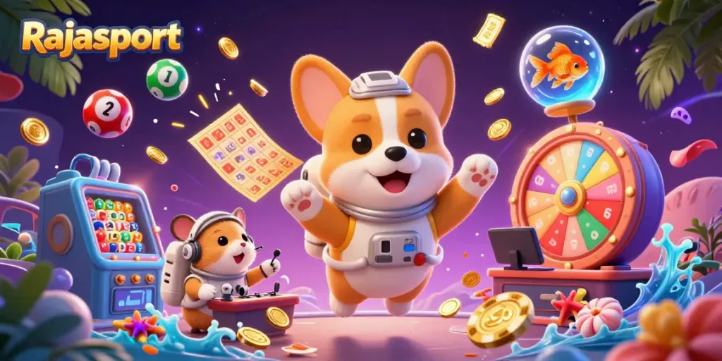 Rajasport menghadirkan keseruan bermain dengan corgi astronaut, mesin lotere, dan koin emas melayang.