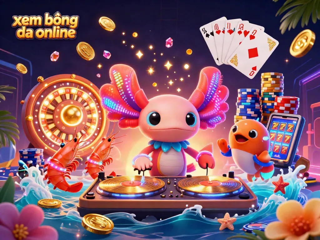 Experience xem bóng đá online with a vibrant illustration featuring a neon axolotl DJ and dynamic gambling elements.