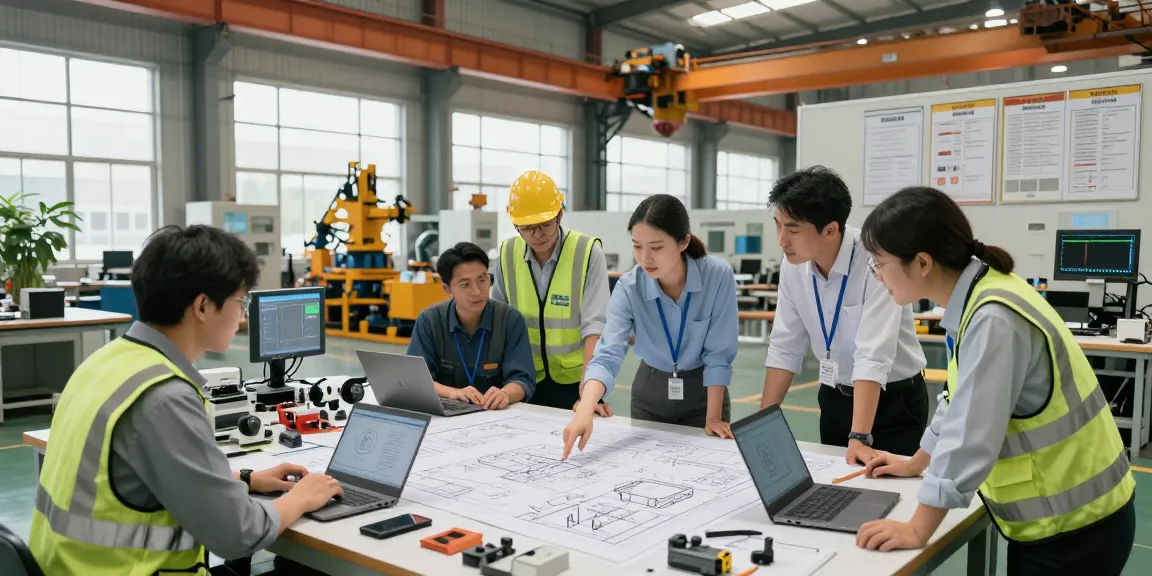 Team working on gantry crane designs in a modern manufacturing facility, showcasing engineering expertise.