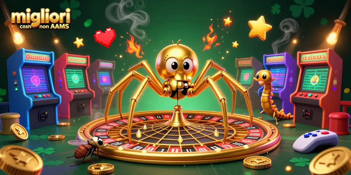 Scopri i migliori casino non AAMS con un'illustrazione vivace e accattivante di un ragno d'oro e un croupier millipede che animano il gioco.
