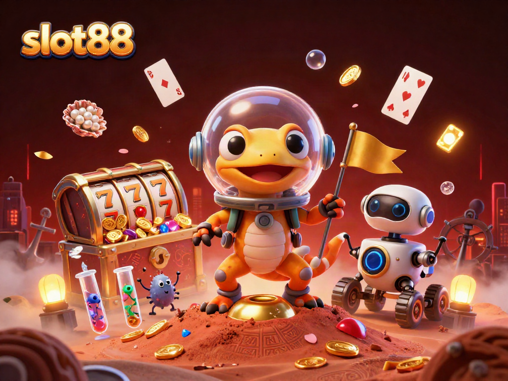 Experience slot88's excitement in an ultra-detailed 3D scene with a Martian gecko and casino treasures.