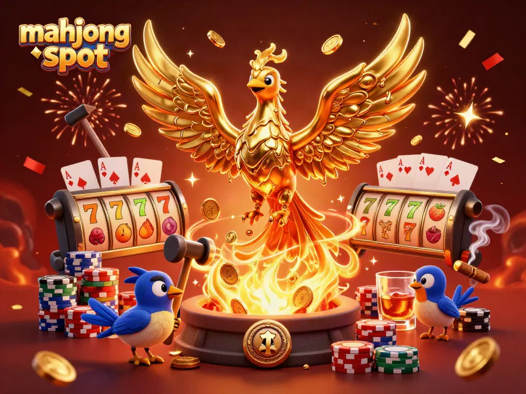Experience winning moments with the mahjong slot playing intricate 3D illustrations of golden phoenix and poker elements.