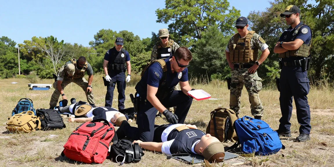 Paramedic demonstrating the Gunshot Wound Kit in a tactical training exercise with military personnel outdoors.