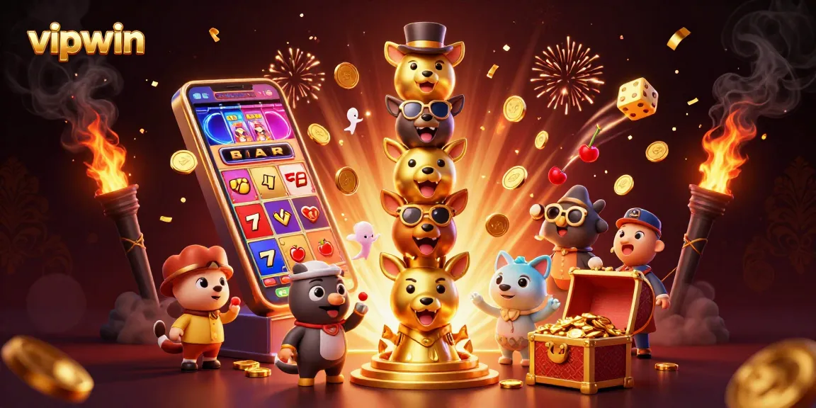 Engaging vipwin casino scene with golden totem and slot machine bursting with coins.