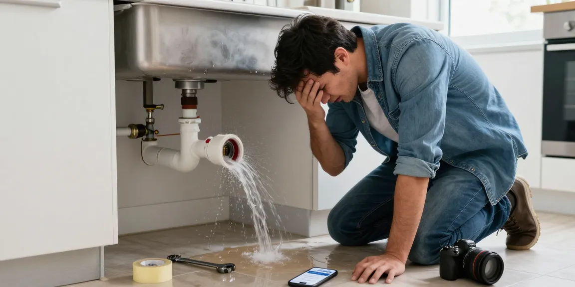 Emergency plumber in Northampton aiding a homeowner fixing a burst pipe in a flooded kitchen.