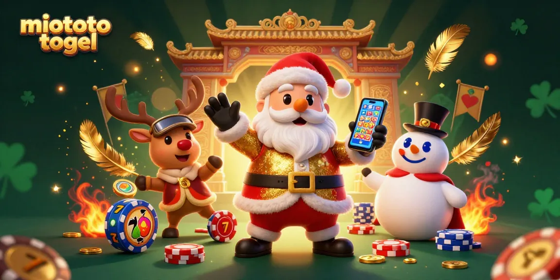 Engage with miototo togel through an exciting 3D illustration of Santa, his reindeer, and a snowman amidst festive gambling elements.