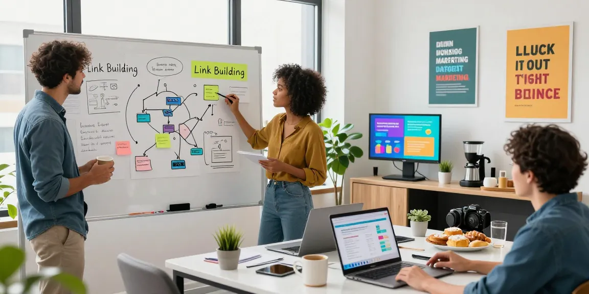 Team strategizing link building services in a vibrant digital marketing office.