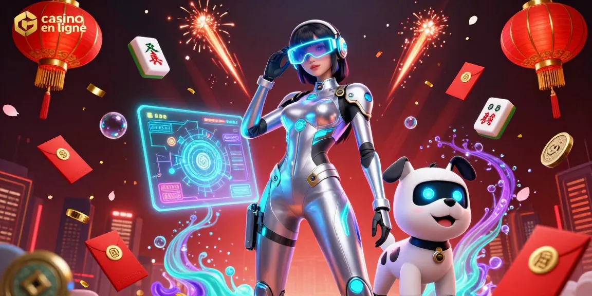 Découvrez l'excitation du casino en ligne avec une scène vibrante mettant en vedette une femme futuriste et un chien robot.