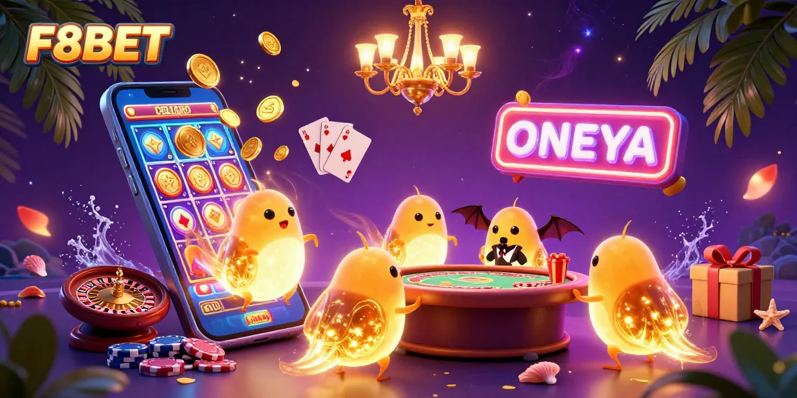 Experience the excitement of F8BET with glowing casino elements and vibrant gaming action.