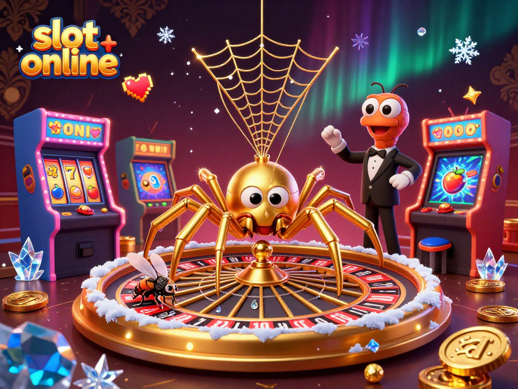 Engage with slot online games as a golden spider spins a roulette web, enhancing the gaming experience.