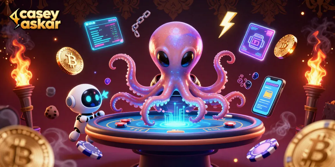 Bet on a winning hand with Casey Askar alien octopus playing poker at a cosmic casino.
