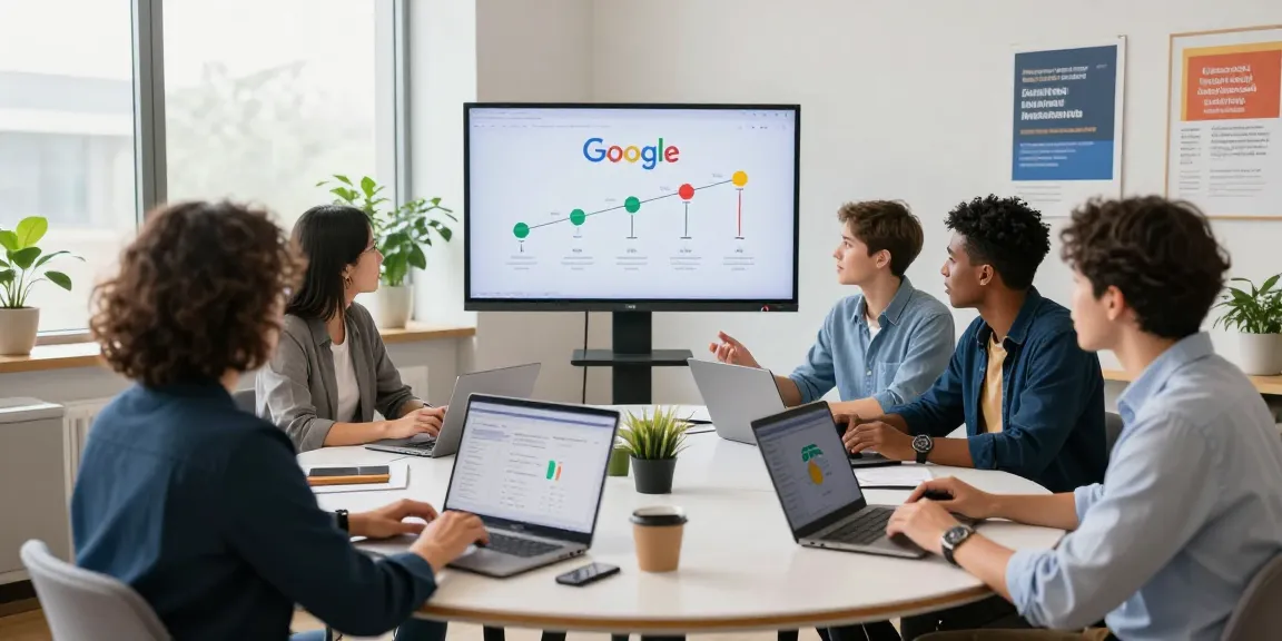 Team discussing rokok88 login updates on Google algorithms in a bright office.