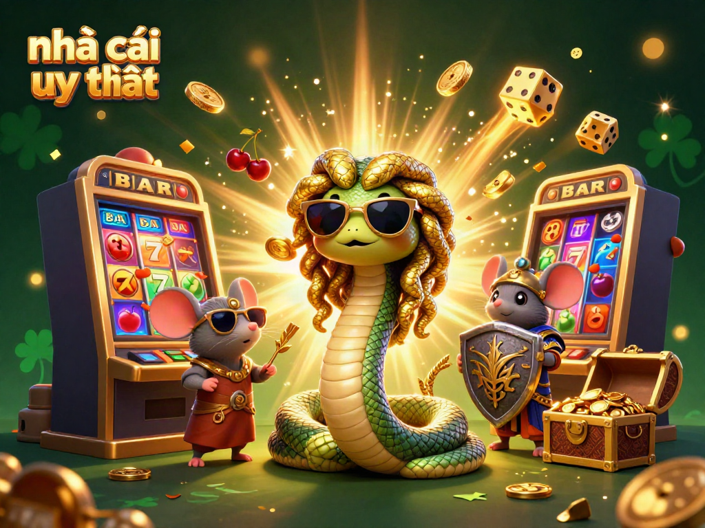 Engage with the vibrant scene showcasing nhà cái uy tín, featuring Medusa and a warrior mouse amidst a dynamic casino explosion.