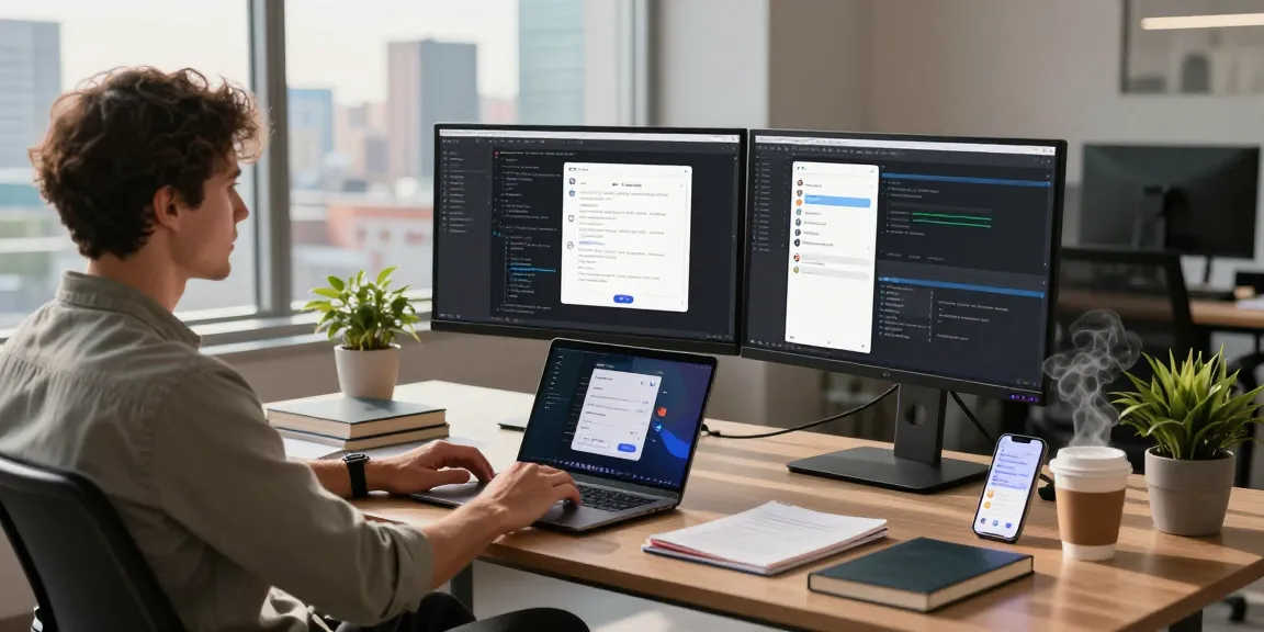 Developer working on telegraimin.com chat application in modern office setting.