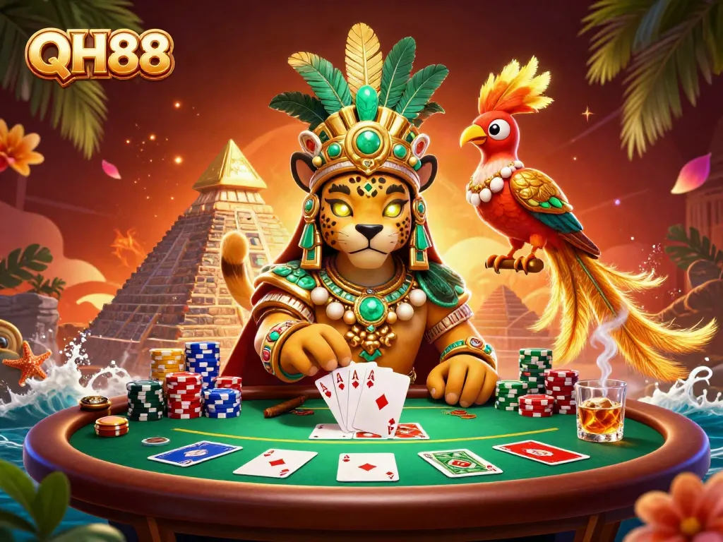 Bet hard with QH88 at vibrant casino scene featuring a Mayan jaguar and poker elements.
