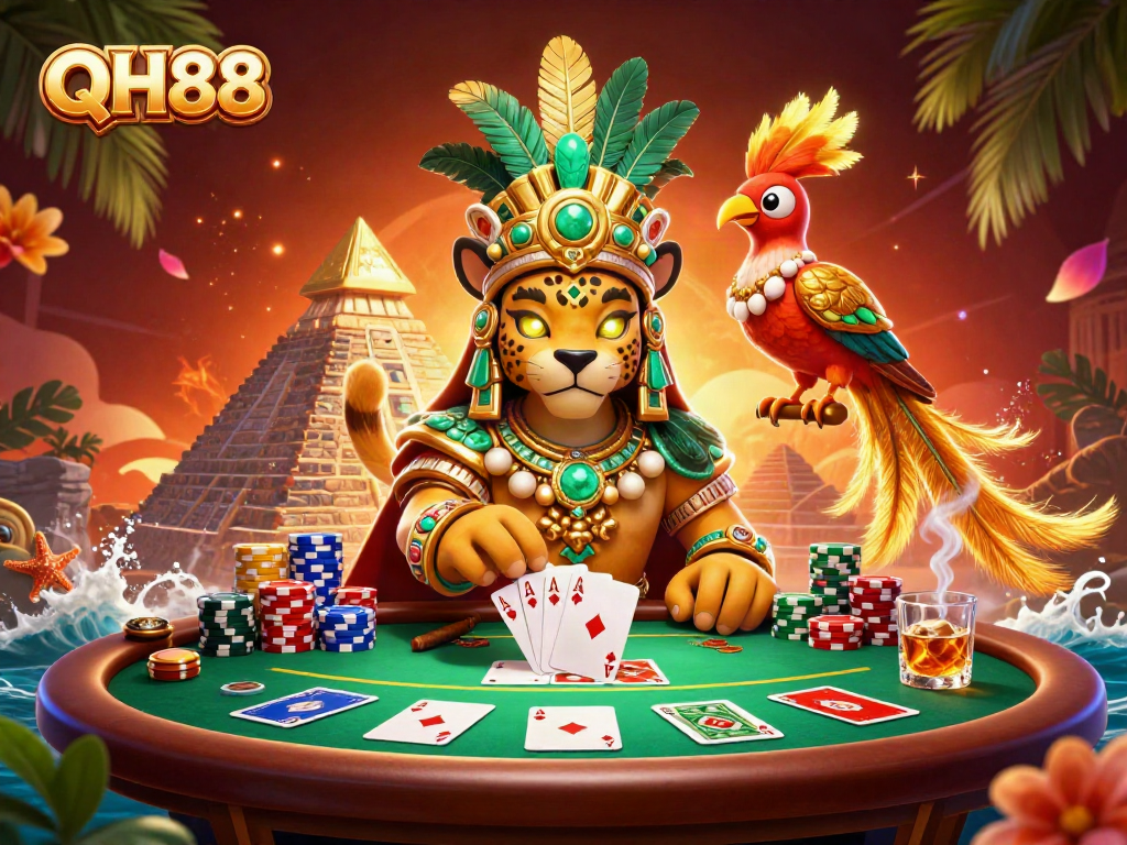 Bet hard with QH88 at vibrant casino scene featuring a Mayan jaguar and poker elements.
