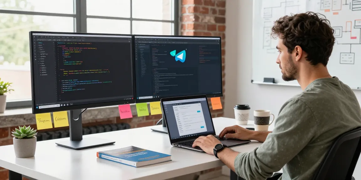 Focused developer at workspace with coding on monitors and Telegram interface on display at telegramin-cn.com