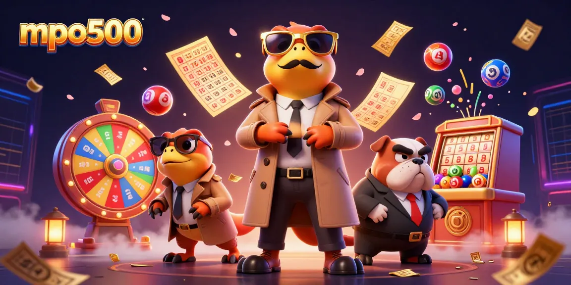 Engage in the excitement of mpo500 with vibrant lottery elements and cartoon raptors at a casino lounge.