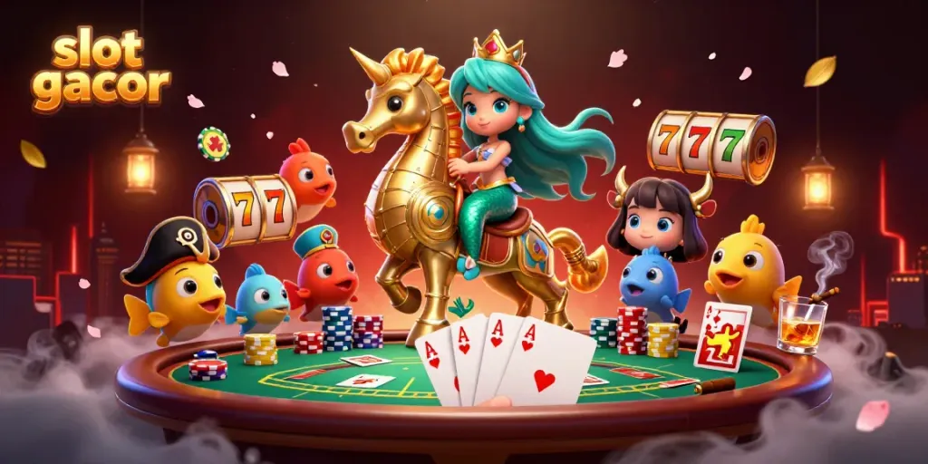 Experience the excitement of slot gacor with a vibrant underwater casino adventure featuring a mermaid and seahorse.