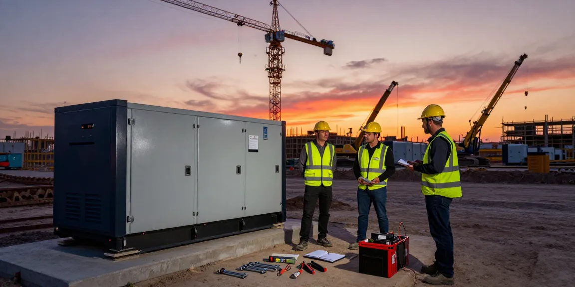 Technicians reviewing industrial generator solutions at construction site.