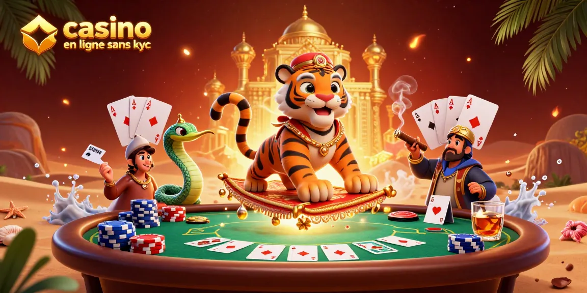 Jouer à un casino en ligne sans KYC avec un sultan tigre sur un tapis magique, ambiance de jeux d'argent.