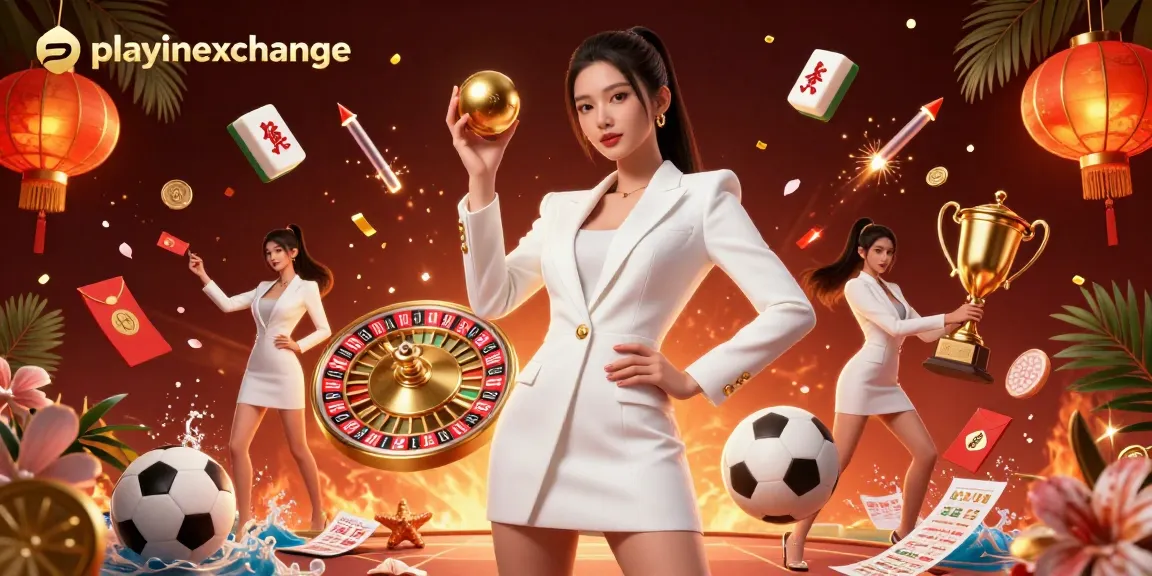 Experience premium thrills at playinexchange with a stunning Asian woman showcasing dynamic sports betting elements.