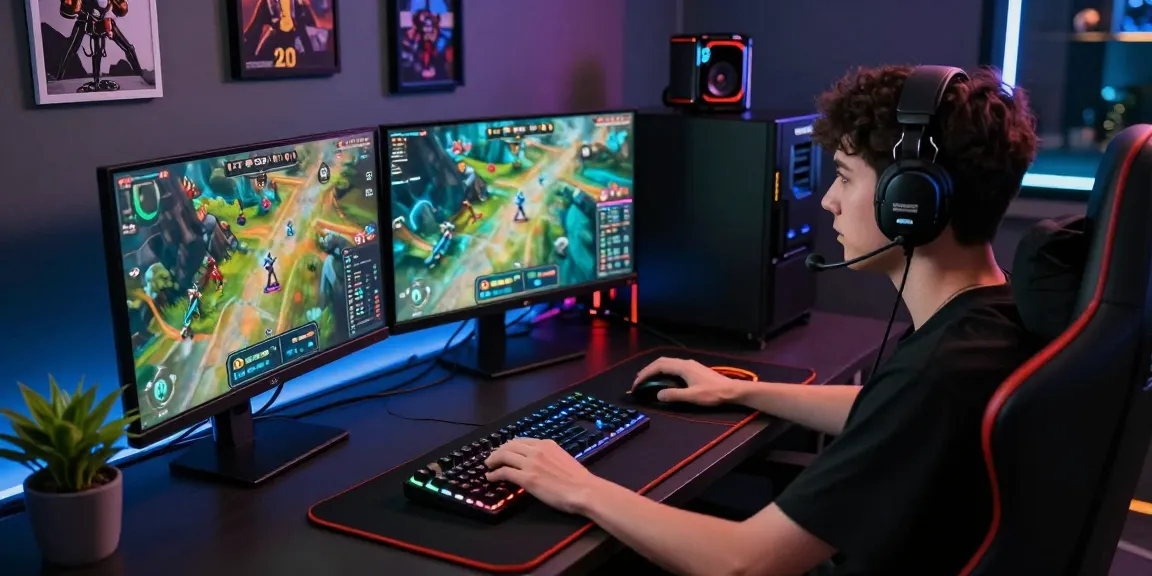 Competitive gamer using PROOFCORE cheats at a gaming setup with multiple monitors and vibrant graphics.