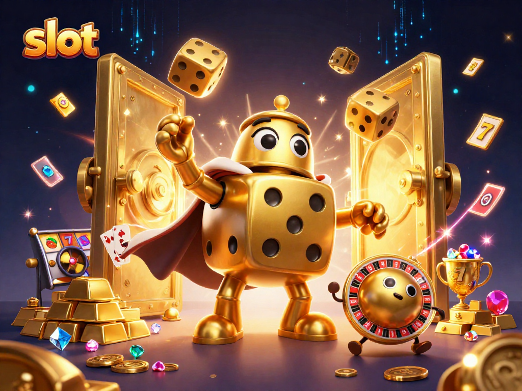 Experience thrilling slot action with vibrant 3D characters and casino elements in this dynamic illustration.