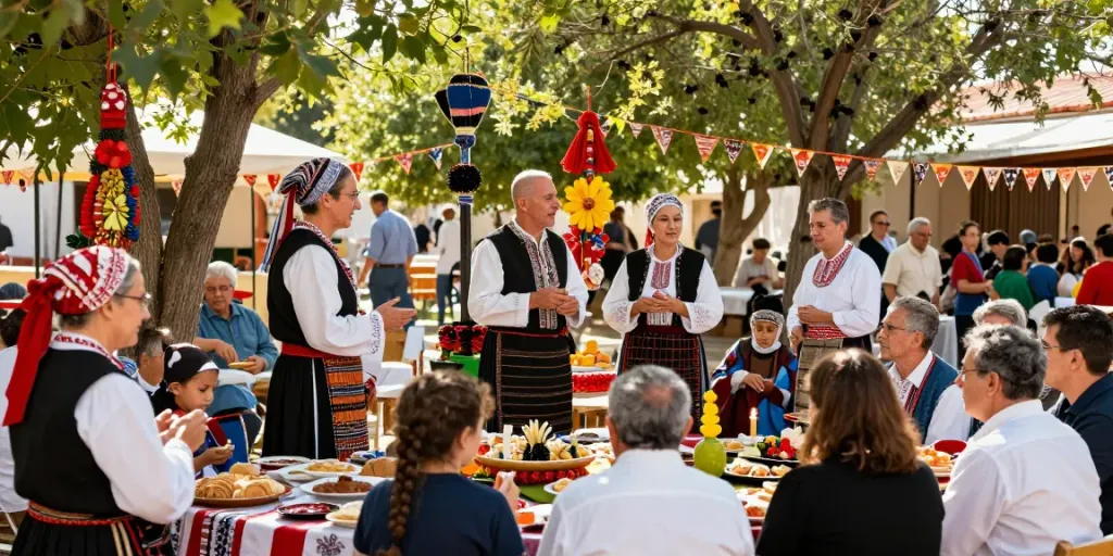 Εορταστική σκηνή με παραδόσεις της Ελλάδας στο Δέντρο των Παραδόσεων, Έλληνες να μοιράζονται ιστορίες.