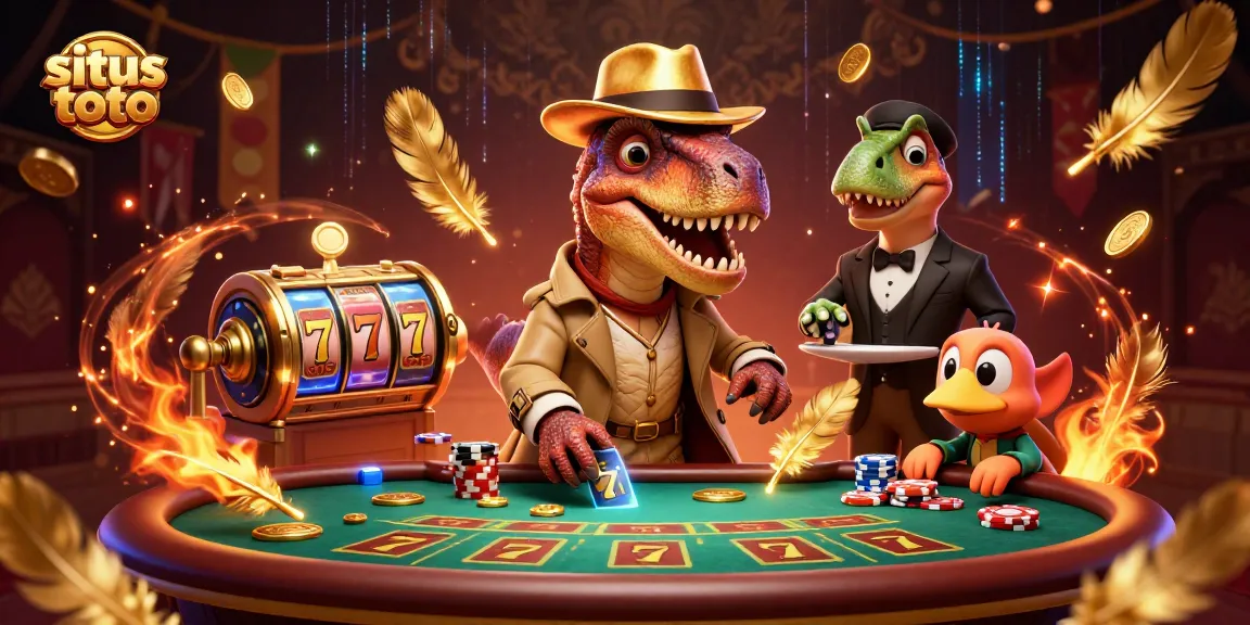 Situs toto features a cartoon velociraptor card counter and a stegosaurus pit boss at a lively blackjack table.
