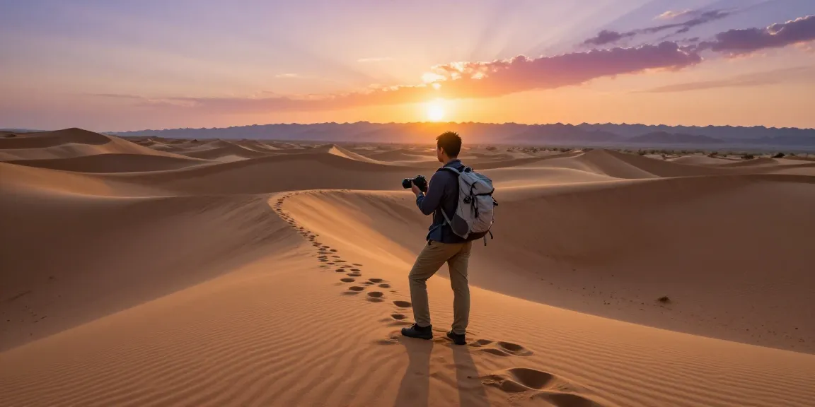 A traveler exploring a desert landscape at sunset, highlighting the beauty of a slot in nature.