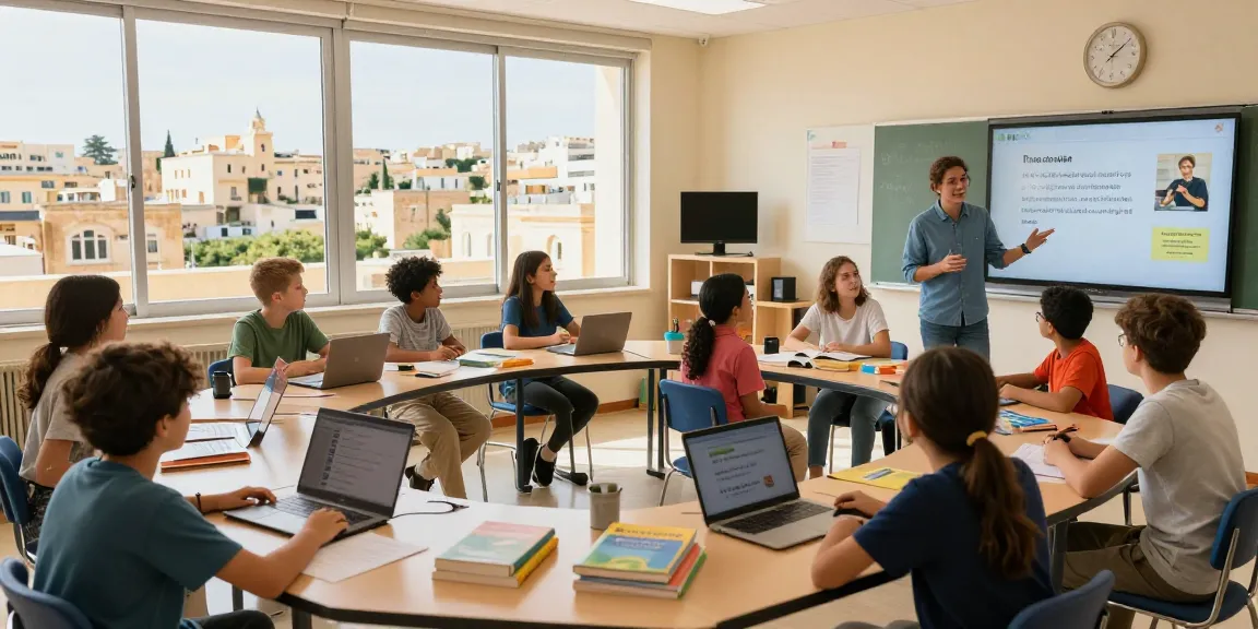 Engagierte Schüler in Englischkursen in Malta in einem lebhaften Klassenraum, der vielfältige Lernende zeigt, die in Sprachaktivitäten vertieft sind.