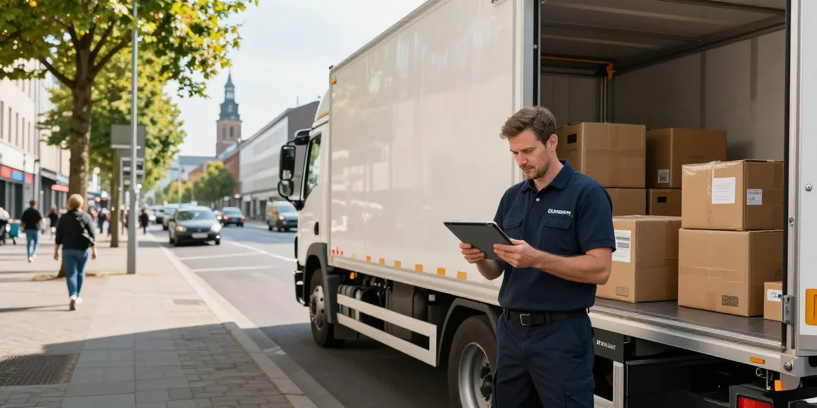 Eiltransport Dortmund: Fahrer bei der Organisation von Expresstransport in Dortmund, Lkw mit Paketen, städtisches Umfeld.