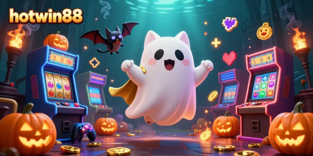 Engage with hotwin88's vibrant haunted casino world featuring a friendly ghost cat, a vampire bat, and glowing game elements.