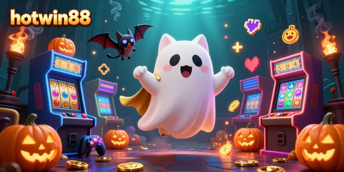 Engage with hotwin88's vibrant haunted casino world featuring a friendly ghost cat, a vampire bat, and glowing game elements.