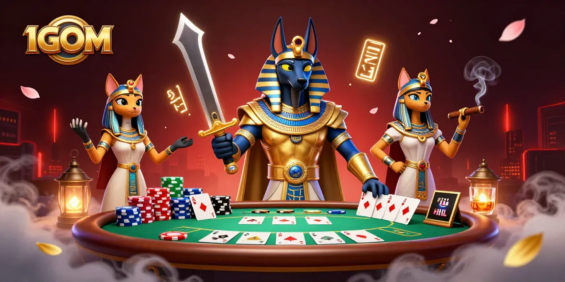 Bet on 1GOM with Anubis and Bastet in a lively poker scene, showcasing dynamic gameplay.