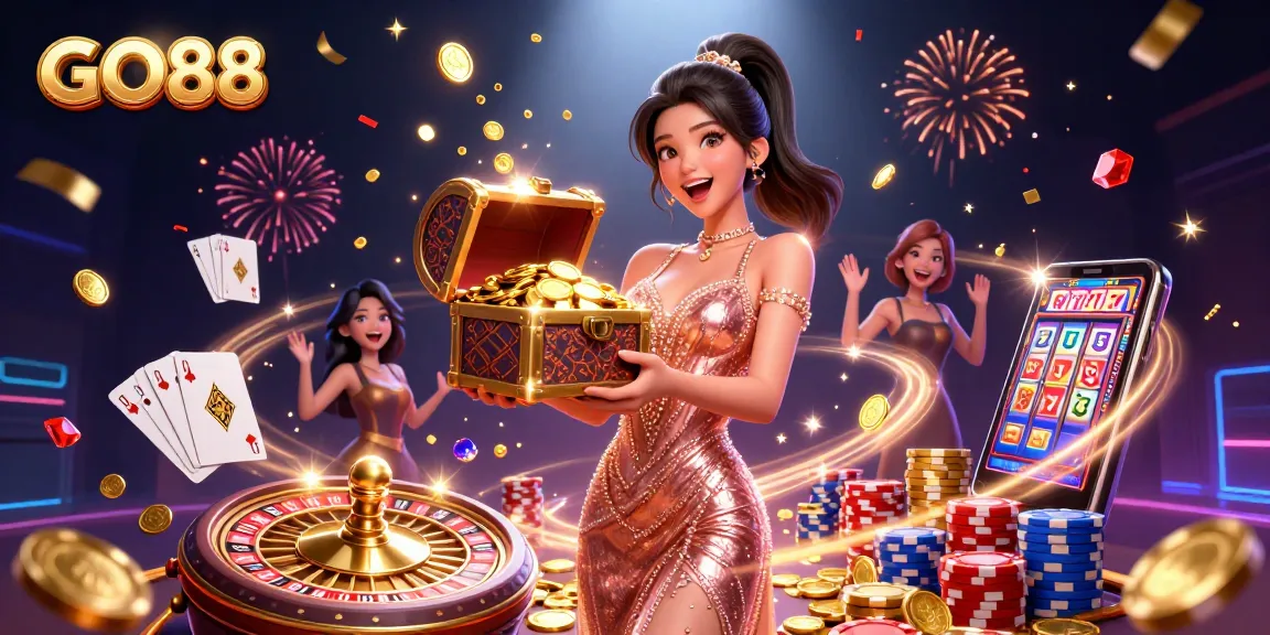 Experience the thrill of GO88 with a vivid 3D illustration showcasing gaming excitement, treasures, and action.