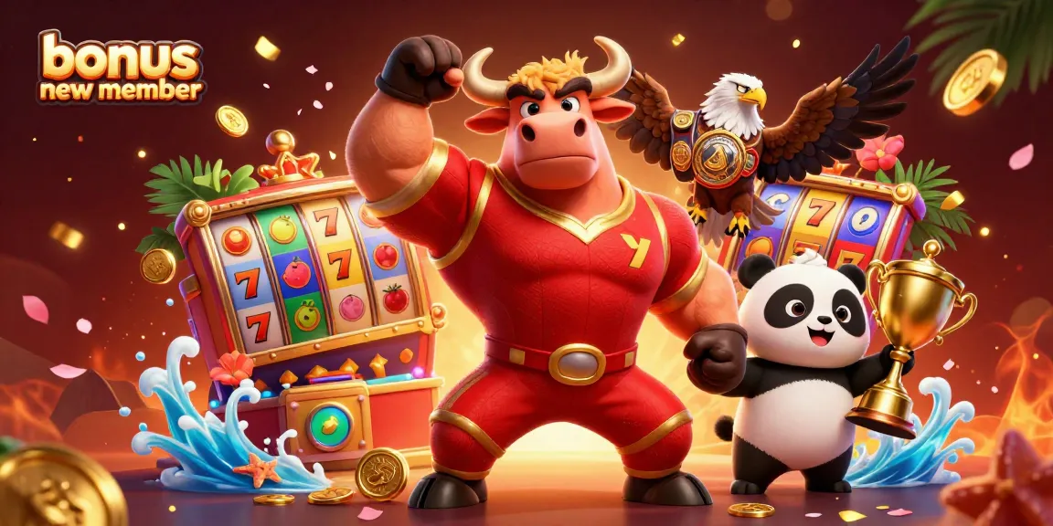 Celebrate with the bonus new member offer featuring animated casino characters and vibrant game elements.