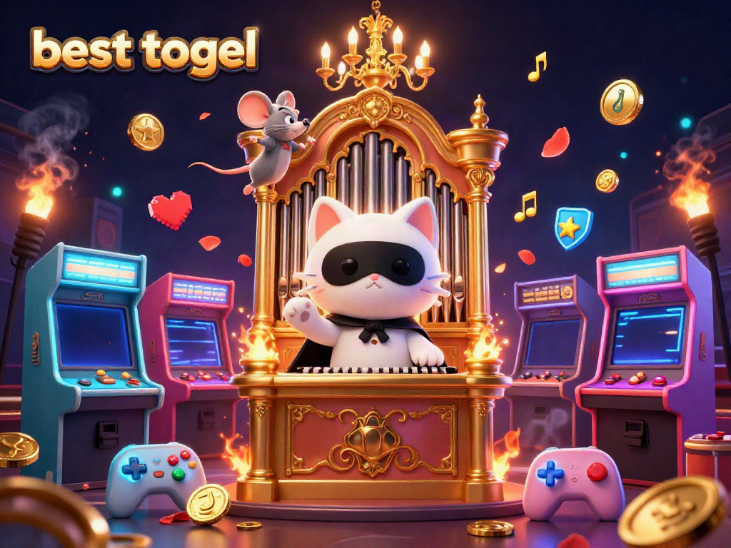 Gambarkan aksi perjudian di besttogel dengan karakter kucing dan mouse dalam ilustrasi 3D.