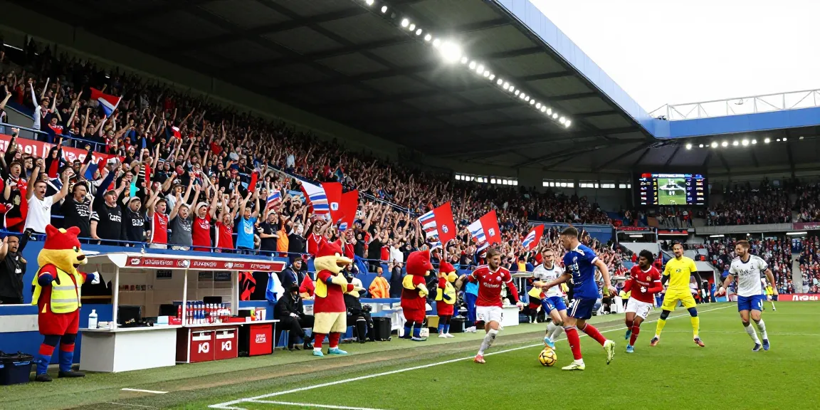 Exciting scene of bk8 Premier League match with passionate fans cheering and players competing.