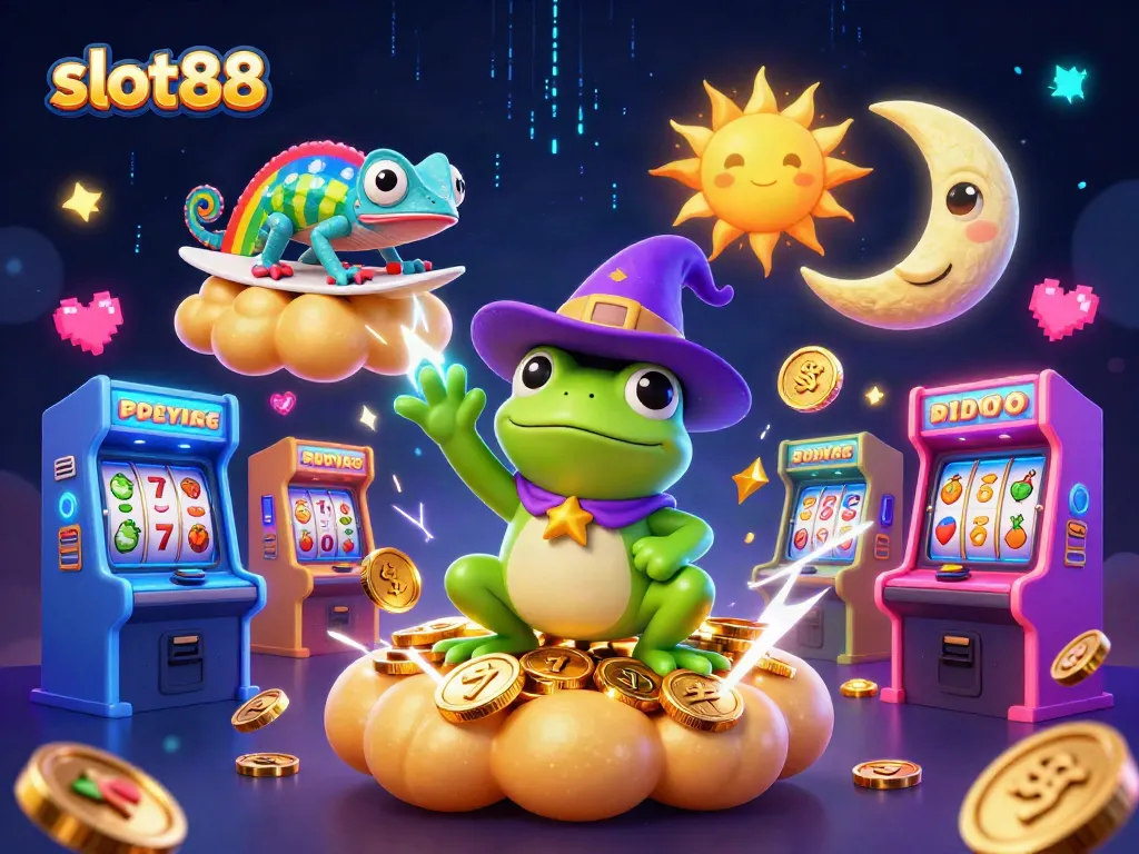 Memainkan slot88 digital dengan ratusan koin emas berjatuhan dalam ilustrasi 3D yang penuh warna.