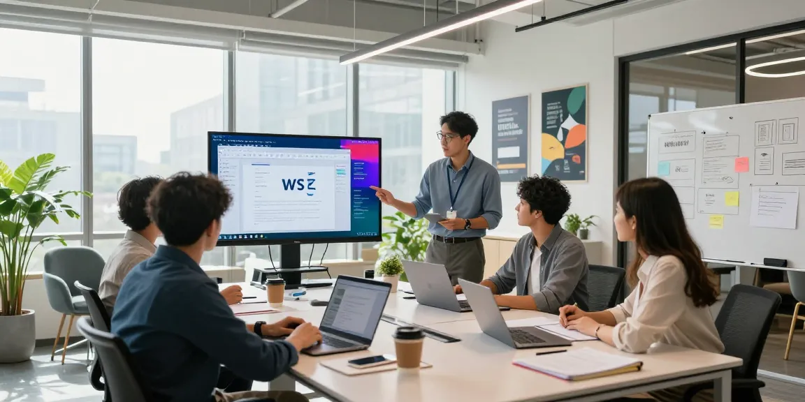Collaborative office scene highlighting WPS下载 integration with professionals working together in a modern workspace.