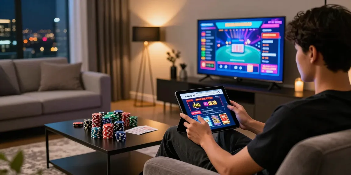 Engaging with link alternatif raja328 on a tablet in a stylish living room.