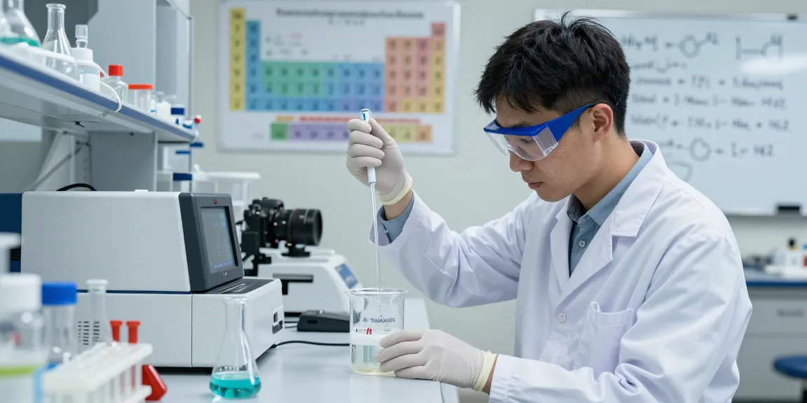 Scientist measuring 14-butanediol for sale in a laboratory setting with precise equipment.