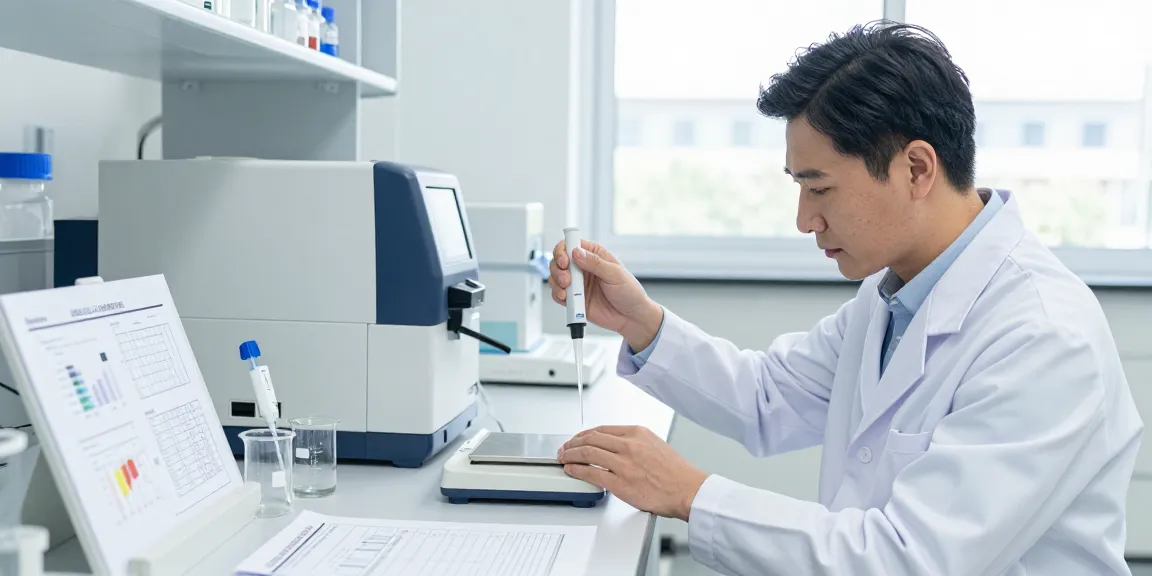 Scientist measuring indole-3-carbinol powder in a sterile laboratory setting