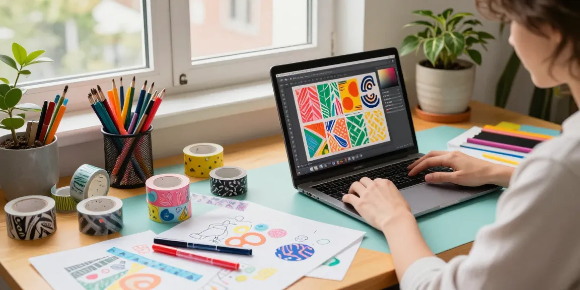 Custom washi tape design in a creative workspace filled with vivid patterns and art supplies.