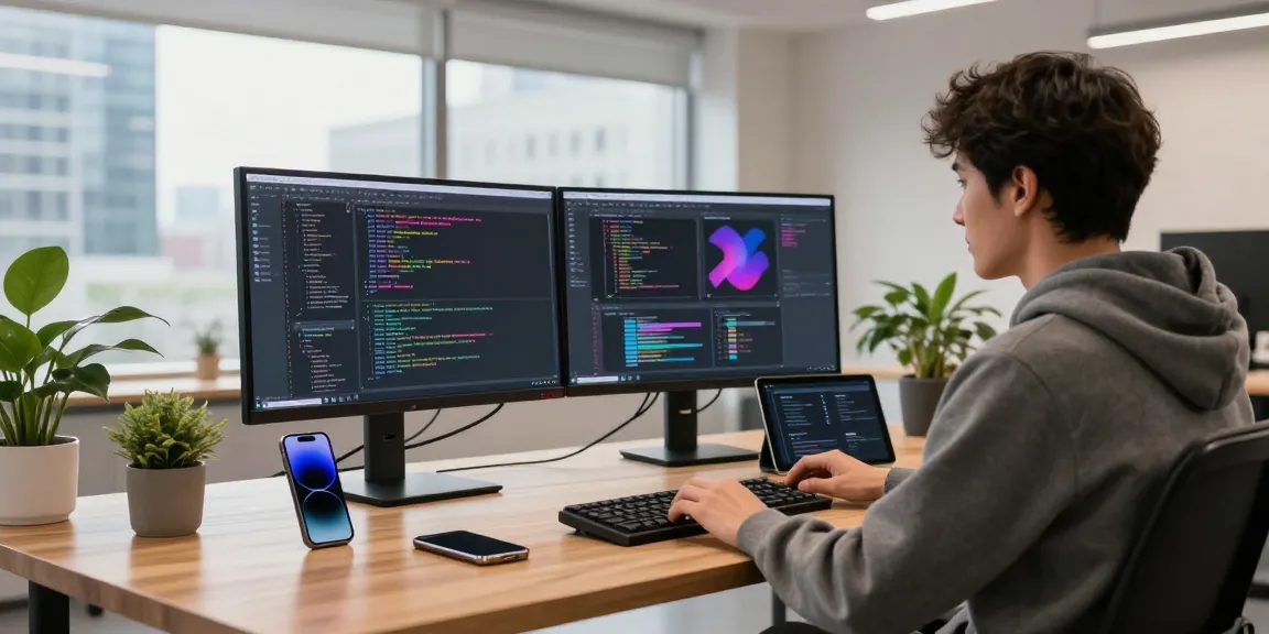 Engaging workspace featuring a person coding with 纸飞机中文版 on dual monitors, capturing innovation in software development.